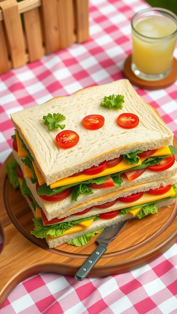 A layered sandwich quilt cut into squares with colorful ingredients on a picnic platter.